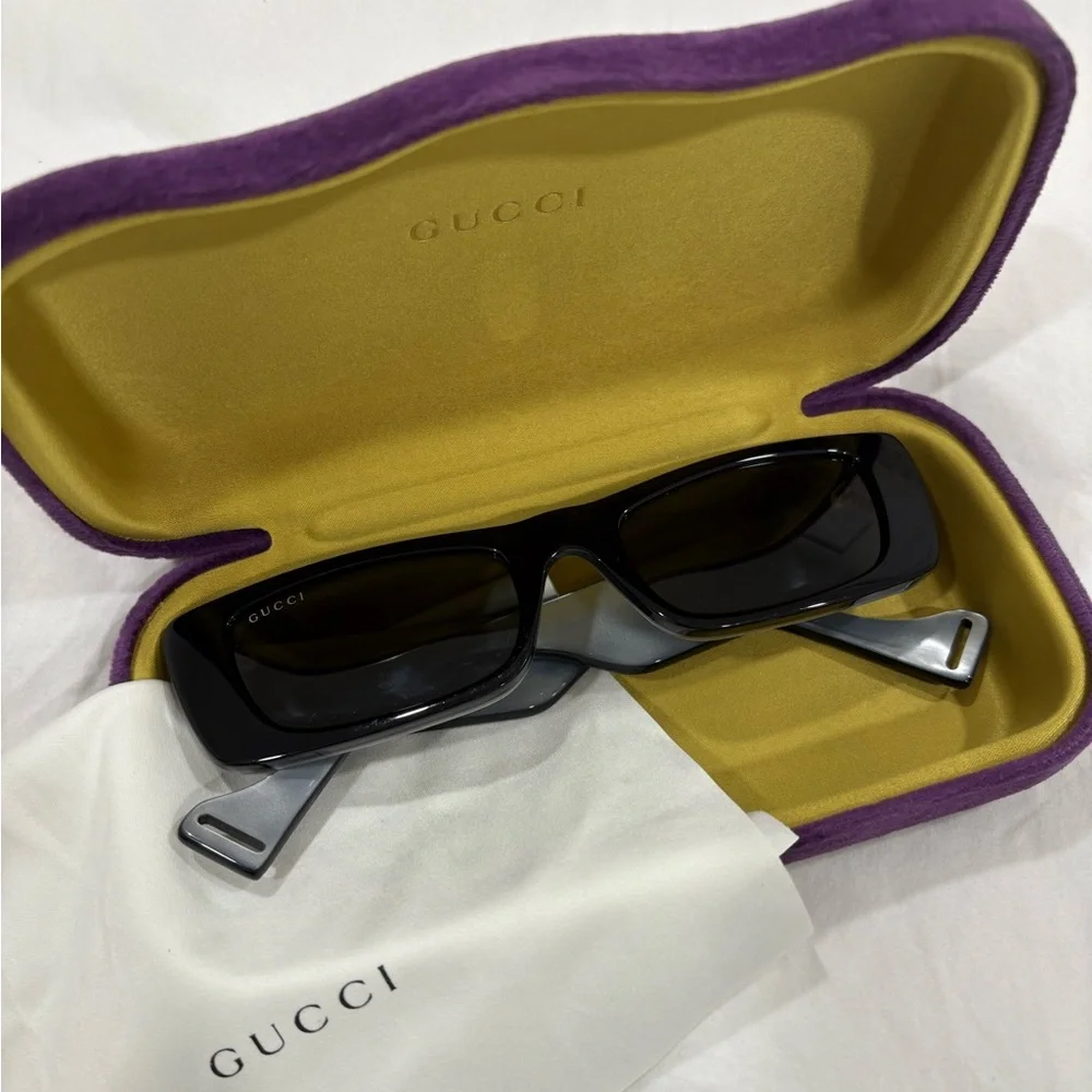 Gucci Fluo Rectangular Sunglasses in Shiny Black & Grey Solid - Picture 1 of 13